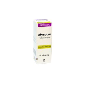 Mycocur 1% Spray me terbinafinë për trajtimin e infeksioneve kërpudhore të lëkurës.