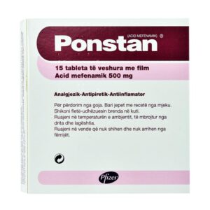 Kuti dhe tableta Ponstan 500 mg për dhimbje dhe inflamacion.