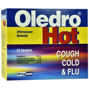 Kutia e Oledro Hot – 12 bustina, pije e ngrohtë kundër gripit me paracetamol dhe vitaminë C.