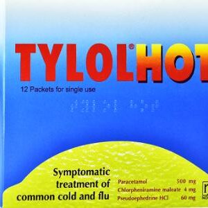 Kutia e Tylolhot – 12 bustina, pije e ngrohtë kundër gripit me paracetamol, vitaminë C dhe dekongjestant.