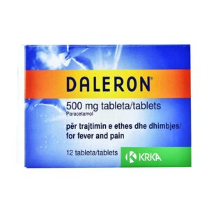 Kuti e tabletave Daleron 500 mg – përmban paracetamol për uljen e temperaturës dhe lehtësimin e dhimbjeve.