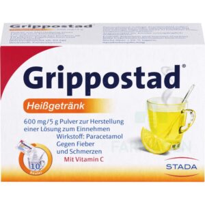 Paketim i Gripostad bustina – ilaç kundër gripit dhe ftohjes me përbërje aktive paracetamol dhe vitaminë C.