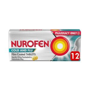 Kutia e Nurofen Cold & Flu 200 mg – 30 tableta, kundër simptomave të gripit dhe ftohjes, me ibuprofen dhe pseudoefedrinë.