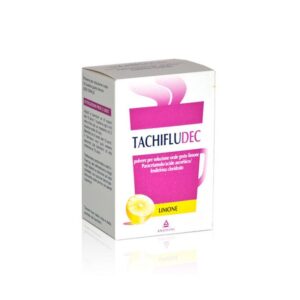 Kutia e Tachifludec – 10 bustina, pije e ngrohtë kundër gripit me paracetamol, vitaminë C dhe fenilefrinë.